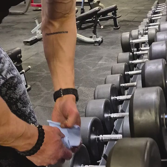 GripShell anti-slip gym grip demonstration — attaching to a dumbbell and bench pressing with improved grip control